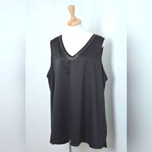 Love & Legend | Black v neck sleevless womens blouse & gold metal accent